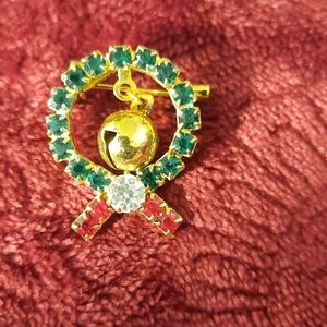 Rhinestone Holiday Wreath  with Bell Pin/Brooch